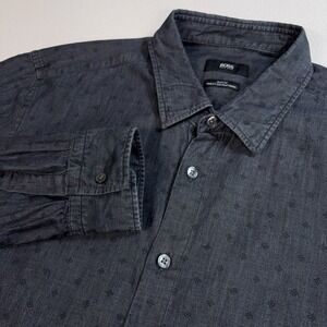 Hugo Boss Ronni Shirt Men L Gray Geometric Slim Fit Cotton Finest Italian Fabric